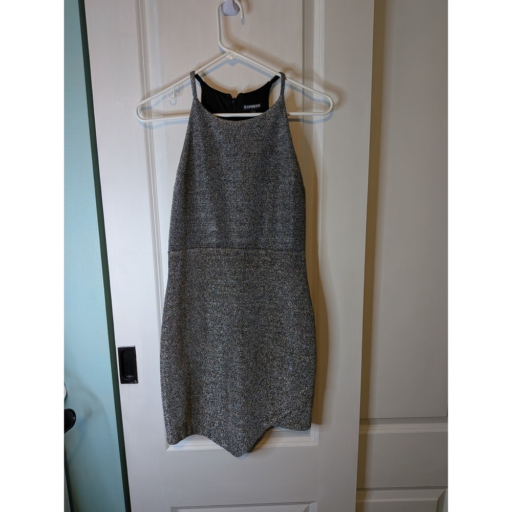 Express Silver Metallic Halter Mini Dress Asymmetrical Size 2 Bodycon Sparkly